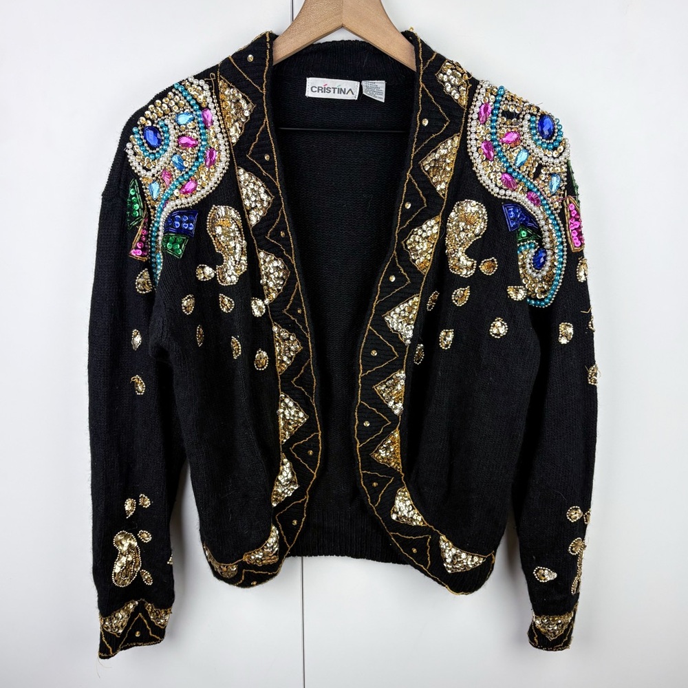 Vintage Silk Angora Lambswool Pearl Sequin Rhinestone Beaded Cardigan Sweater